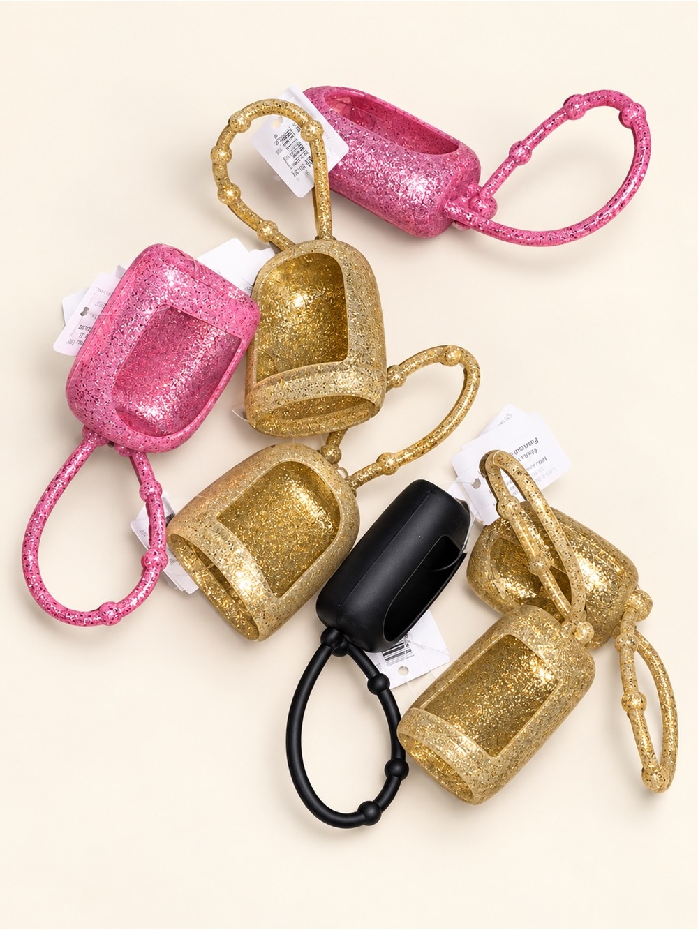 6 Glitter Hand Sanitizer Holder Keychain - Pink, Gold, Black